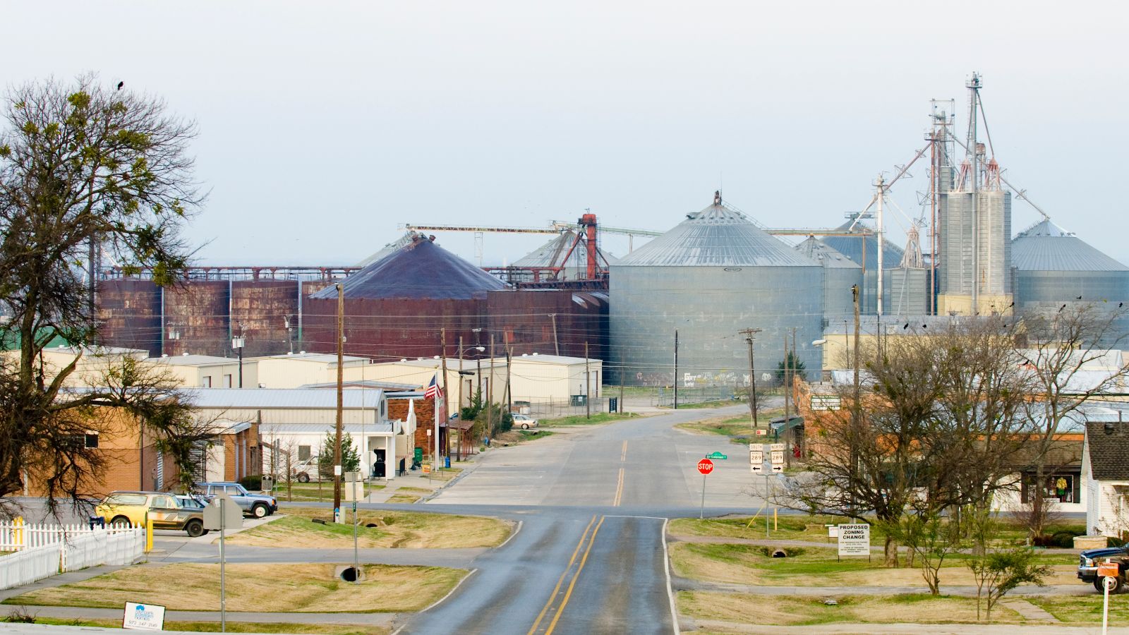 Grain elevators along Prosper's Main Street