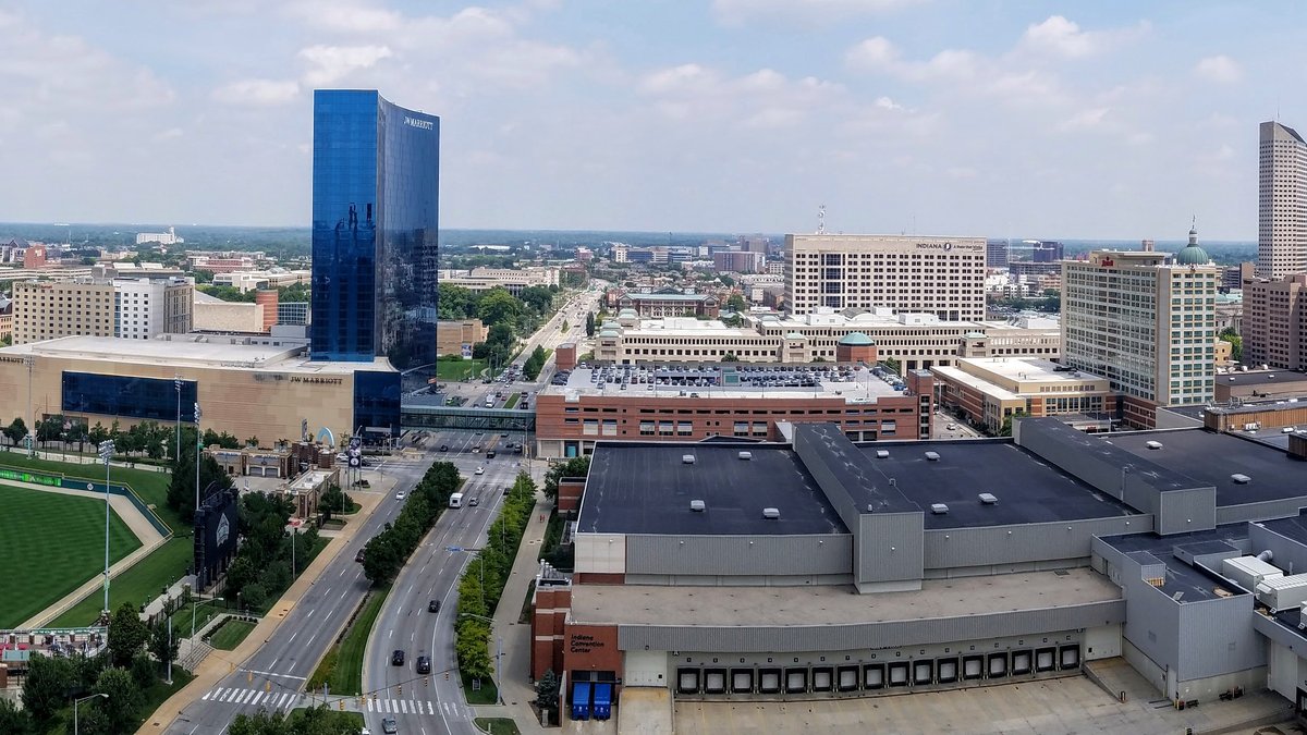 Downtown Indianapolis skyline looking northeast, with the JW Marriott's blue glass tower at center