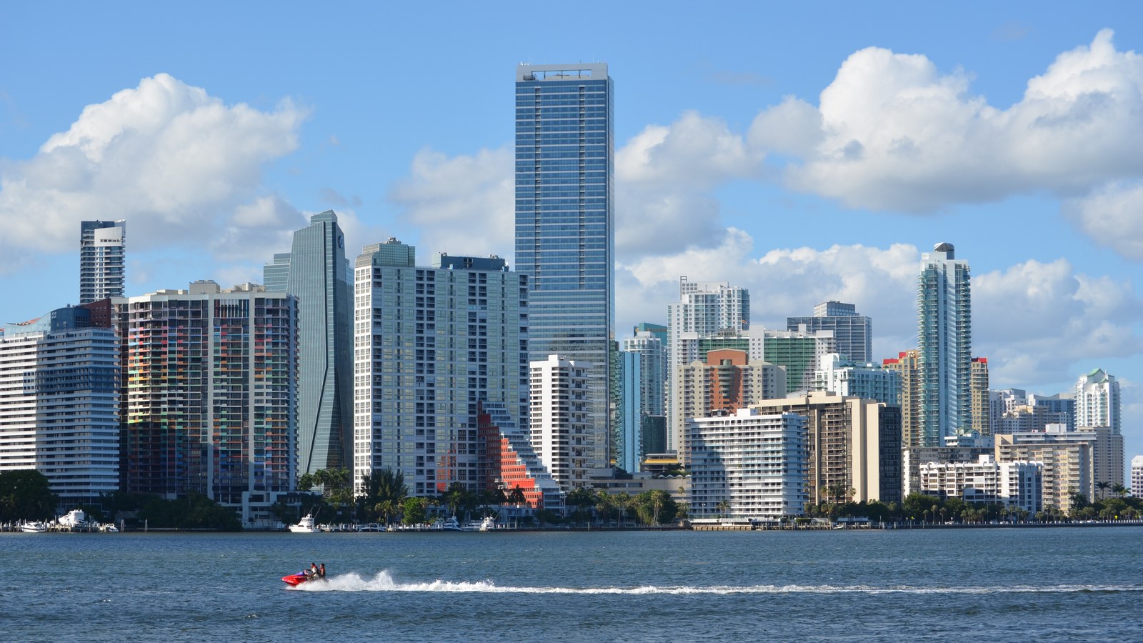 Brickell's skyline of high-rise condo and office towers seen across Biscayne Bay from the Rickenbacker Causeway