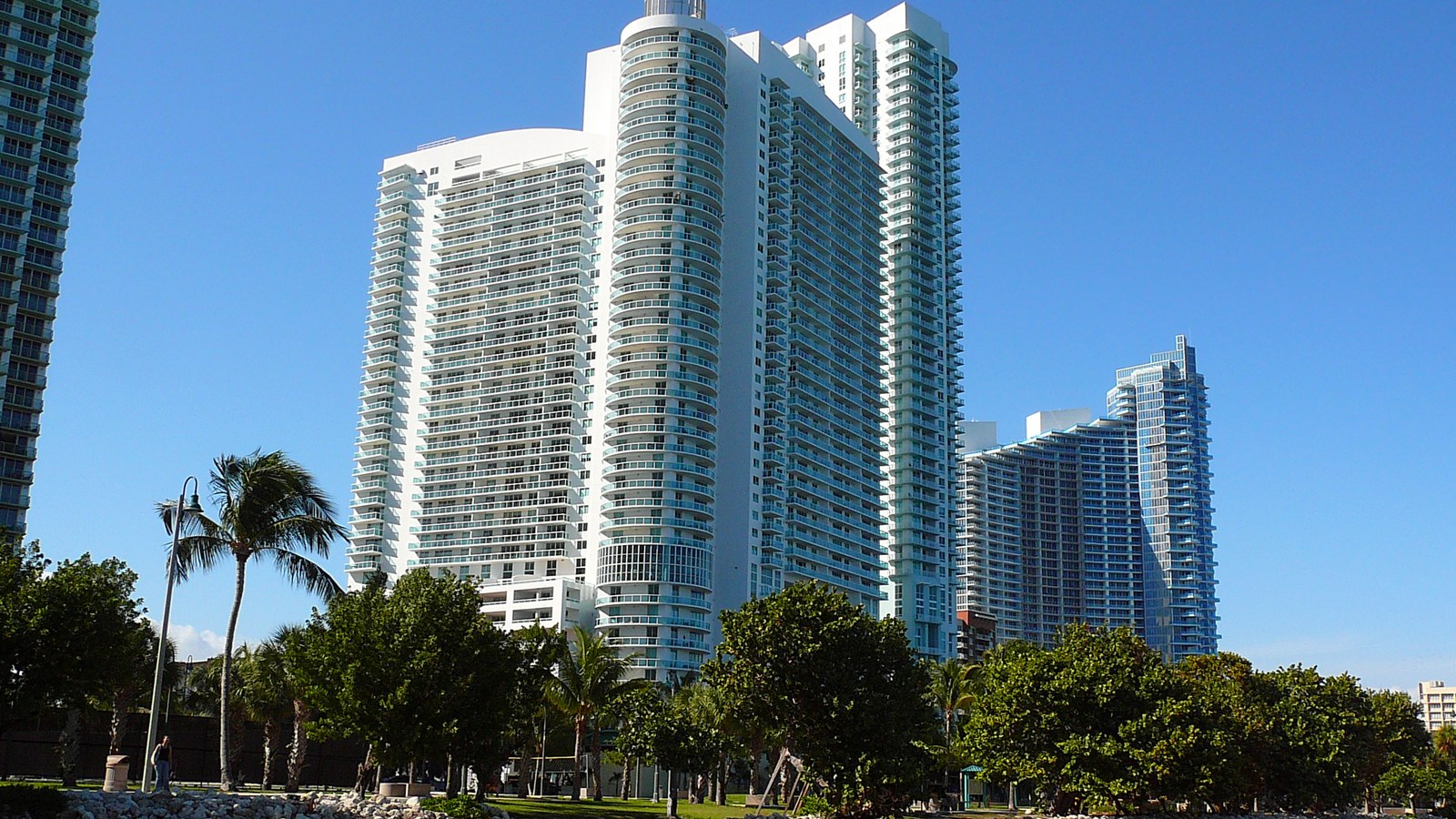 Edgewater's high-rise waterfront condo towers seen from a bayfront park lined with palm trees