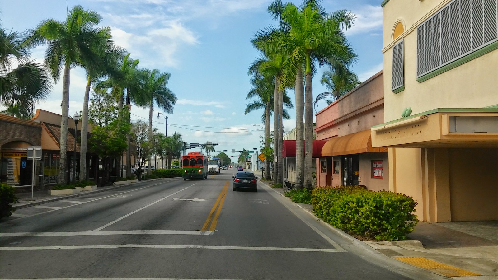 A palm-lined downtown Homestead street with low-rise storefronts along both sides