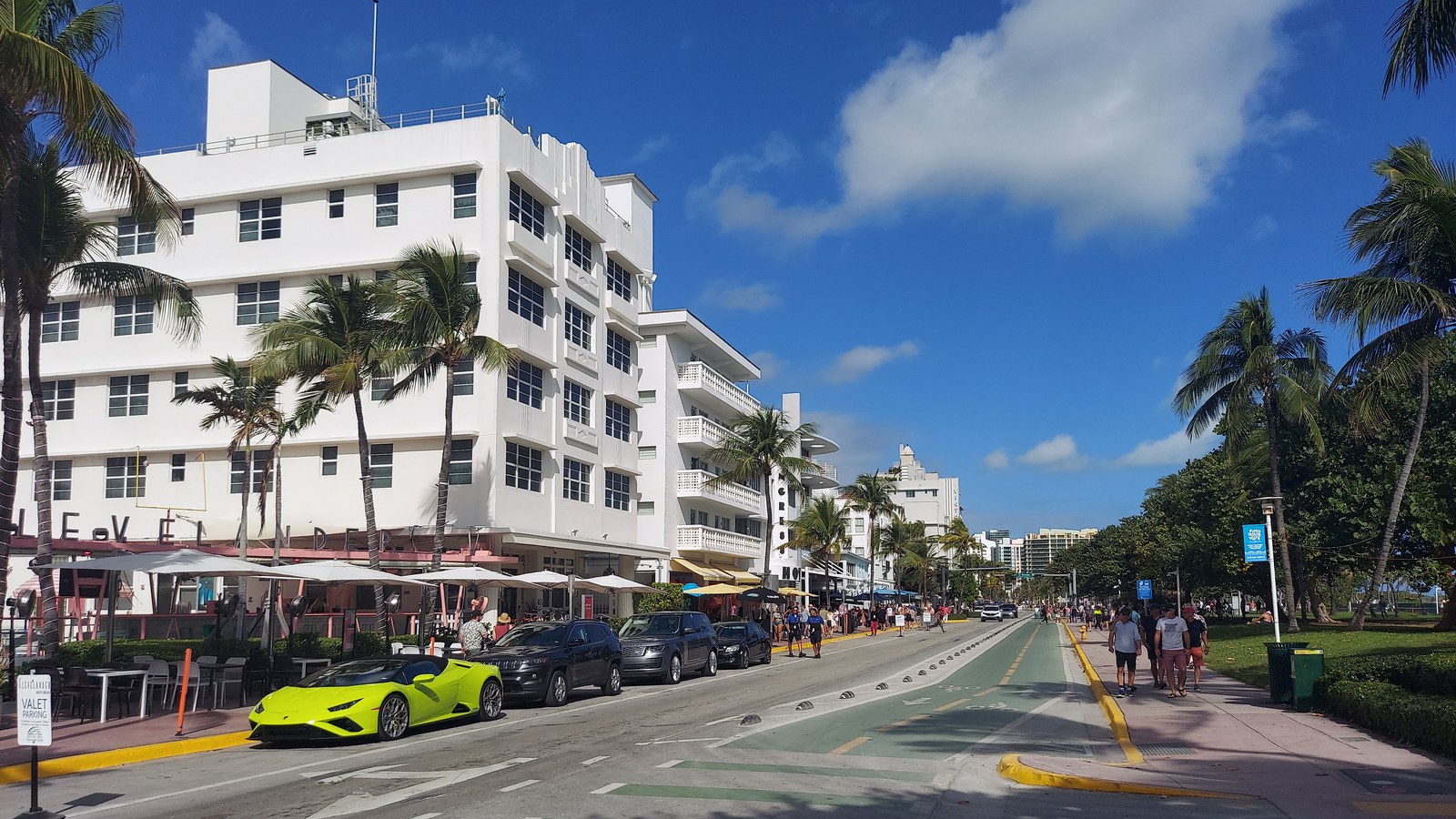 Ocean Drive's Art Deco hotels, including the Clevelander, lined with palm trees in South Beach