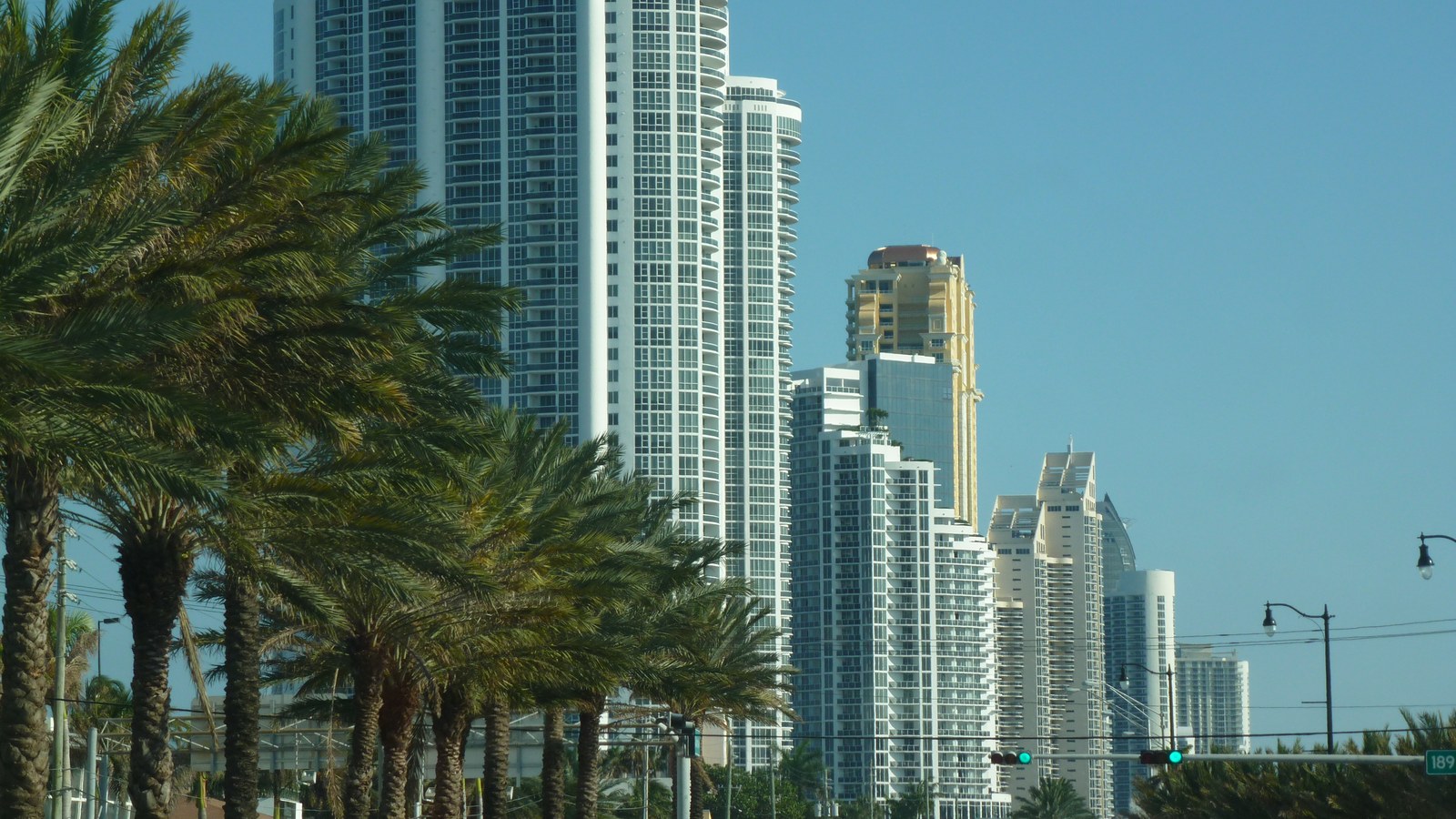 Sunny Isles Beach's row of high-rise oceanfront condo towers seen from Collins Avenue, framed by palm trees