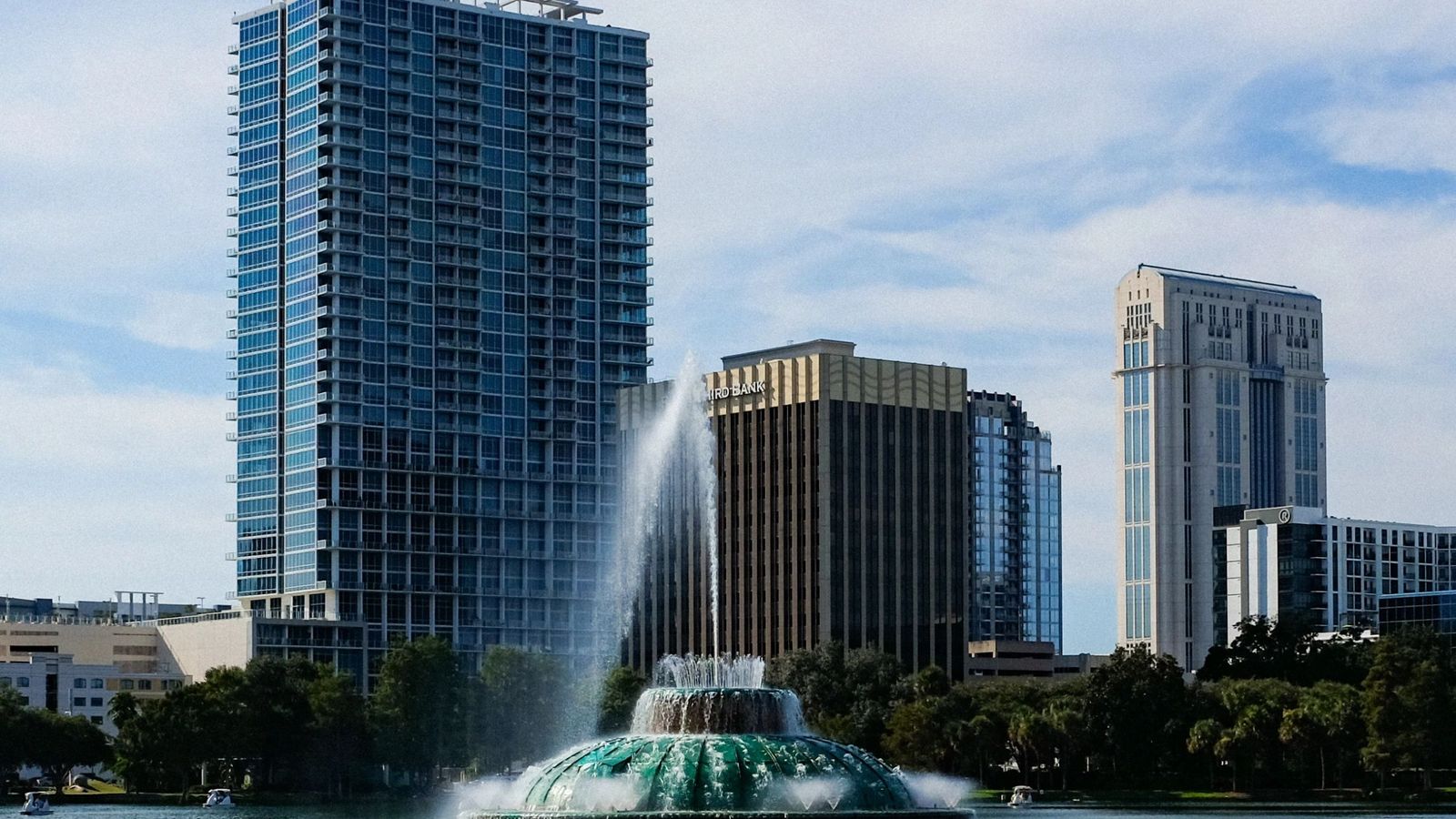 Downtown Orlando's skyline and the Lake Eola fountain