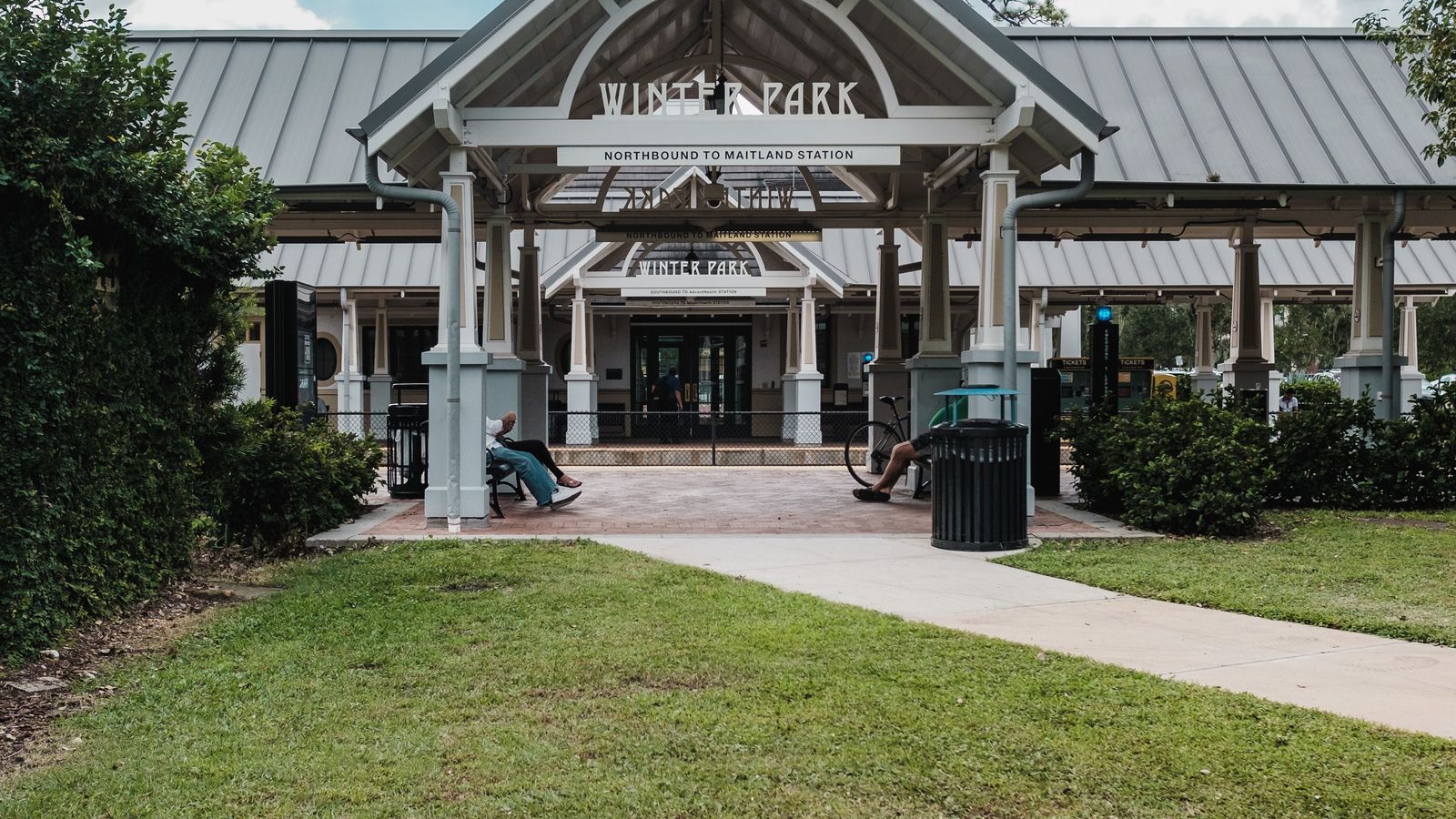 The Winter Park SunRail and Amtrak station entrance in Central Park on Park Avenue