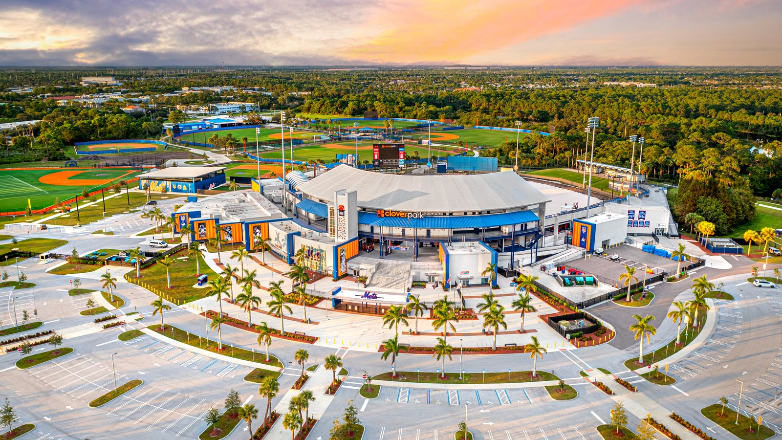 An aerial view of Clover Park, the New York Mets' spring-training stadium in Port St. Lucie, surrounded by practice baseball and softball fields