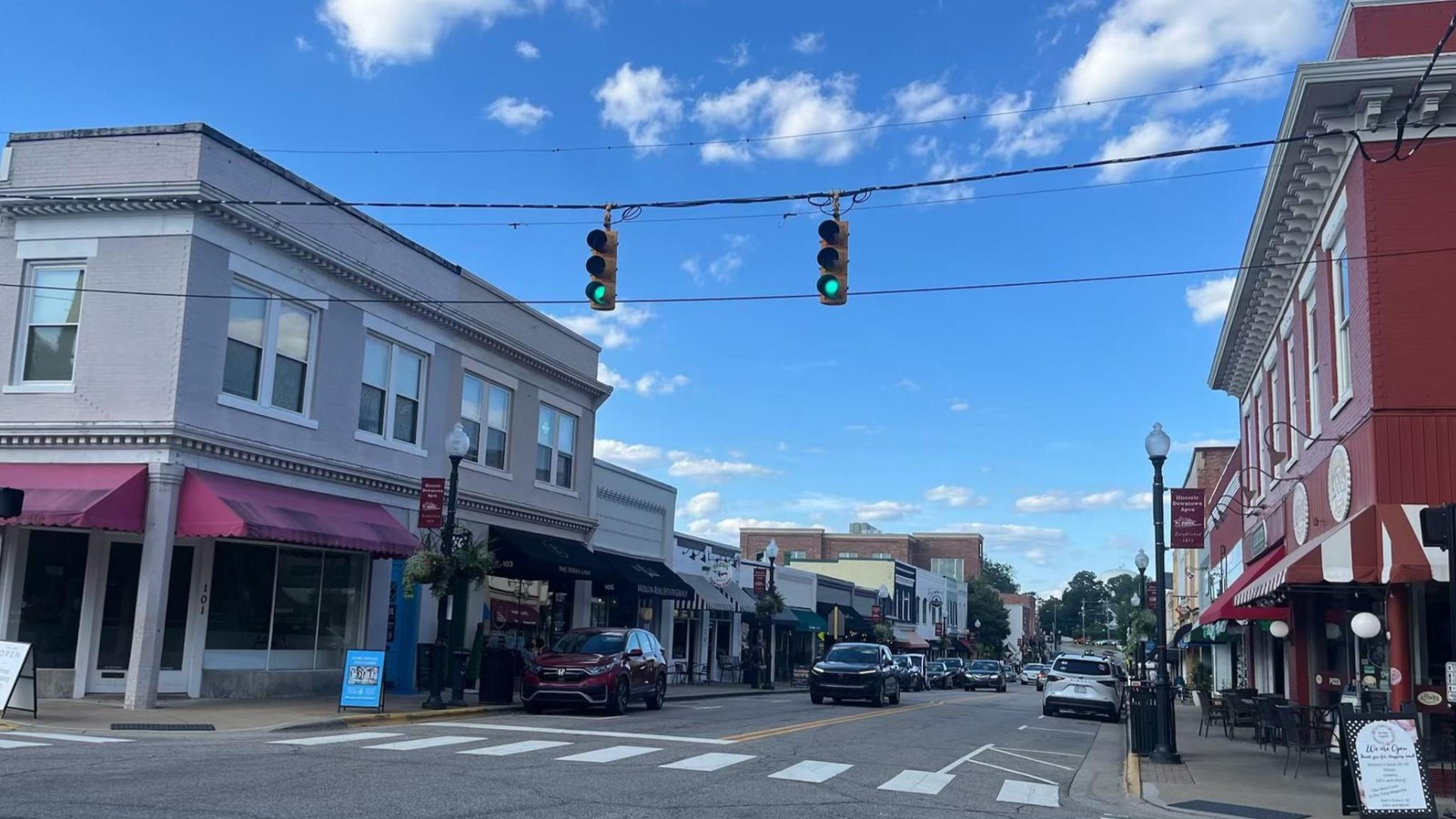 Historic downtown Apex street scene with brick storefronts along Salem Street