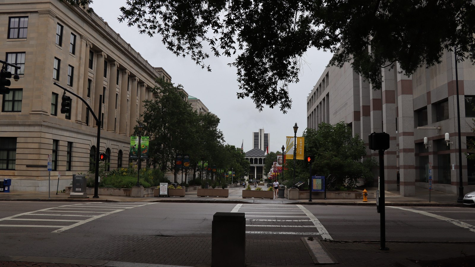 Fayetteville Street in Downtown Raleigh, looking toward the old State Capitol with the PNC Plaza tower behind it