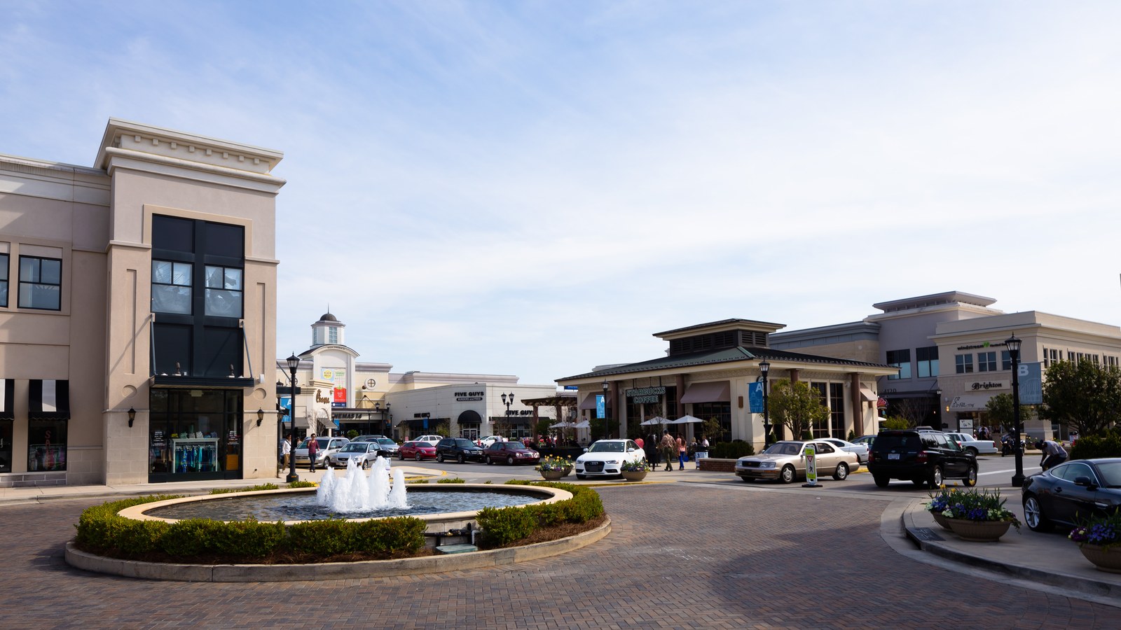 North Hills Mall in Raleigh, with a central plaza fountain and mixed-use storefronts