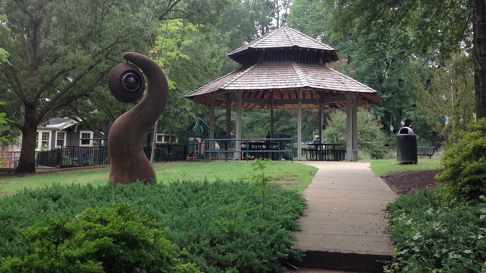 A gazebo and public sculpture in Trinity Park, a historic Durham neighborhood near Duke University