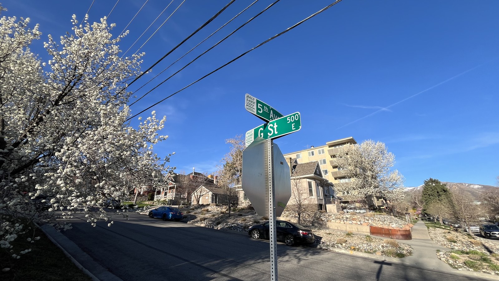 A street sign for 5th Avenue and G Street in the Avenues, Salt Lake City, with flowering trees, hillside homes, and the Wasatch Range in the background
